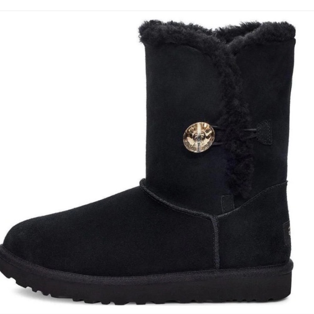 UGG Bailey Button Gold Bling Black Suede Sheepskin Boots Women's Size 6